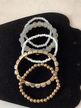 Gold and Light Gray Stacked Beaded Bracelet/Bangle Set, Brand New